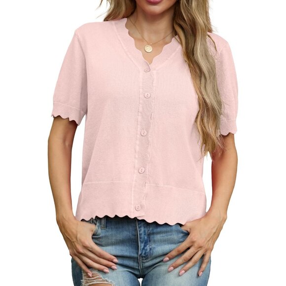 Grecerelle Women Pink Open Front Button Down Short Sleeve Lightweight Sweater - Picture 4 of 5